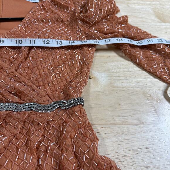 Mac Duggal NWT Copper Beaded Wrap Over Puff Sleeve Dress Rhinestone Waist Size 2 - Picture 7 of 10